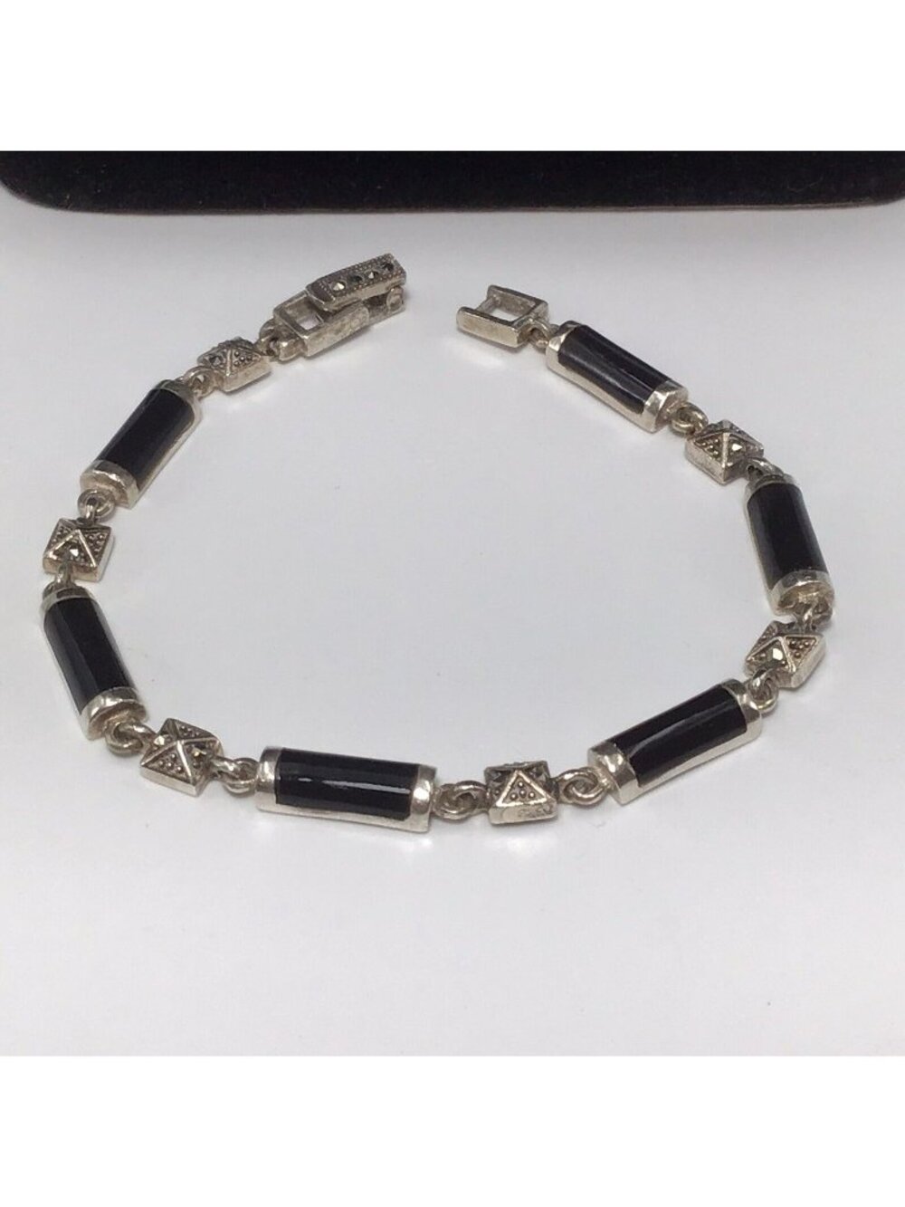 Sterling Silver Black Onyx Marcasite Bracelet 10g 5mm Size 6.75